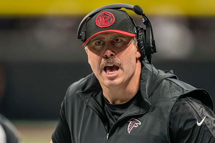 Sep 10, 2023; Atlanta, Georgia, USA; Atlanta Falcons head coach Arthur Smith reacts to a call during the game against the Carolina Panthers during the second half at Mercedes-Benz Stadium.